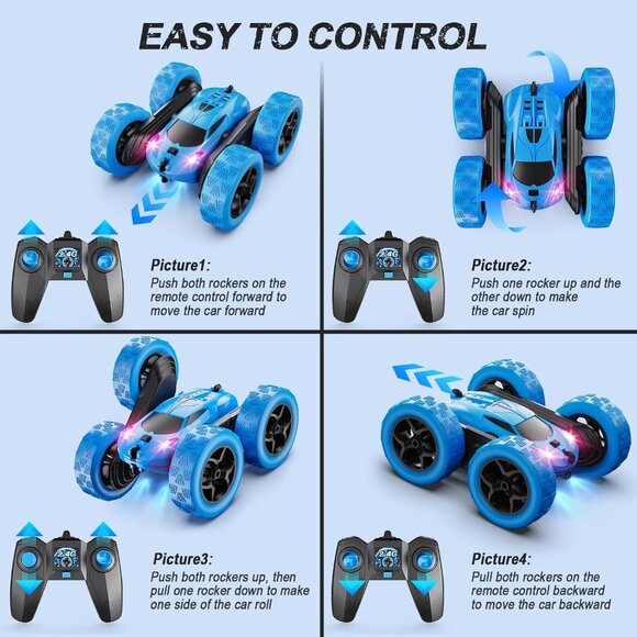 4WD RC Stunt Car for Kids with LED Lights, 360° Flips, 2.4GHz Remote – Blue - Picture 6 of 6